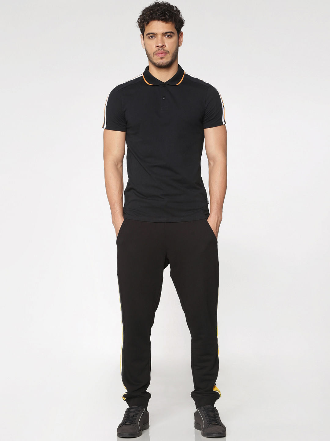 Black Tape Sleeve Detail Slim Fit Polo Neck T-Shirt