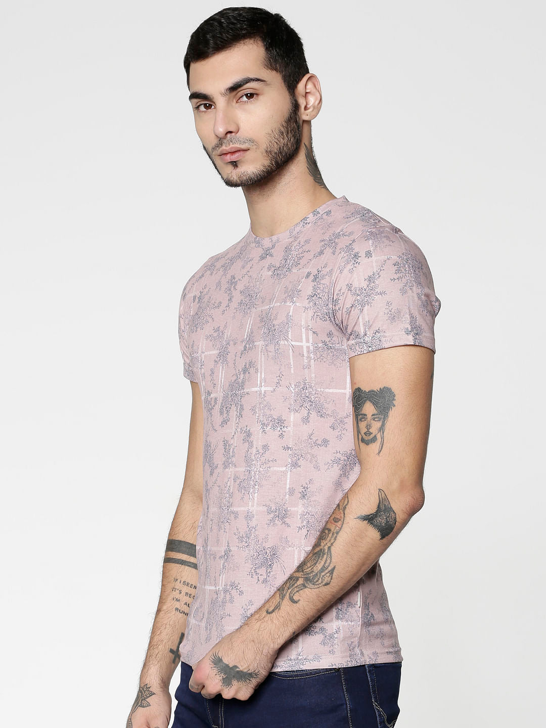 Pink All Over Floral Print Slim Fit Crew Neck T-Shirt