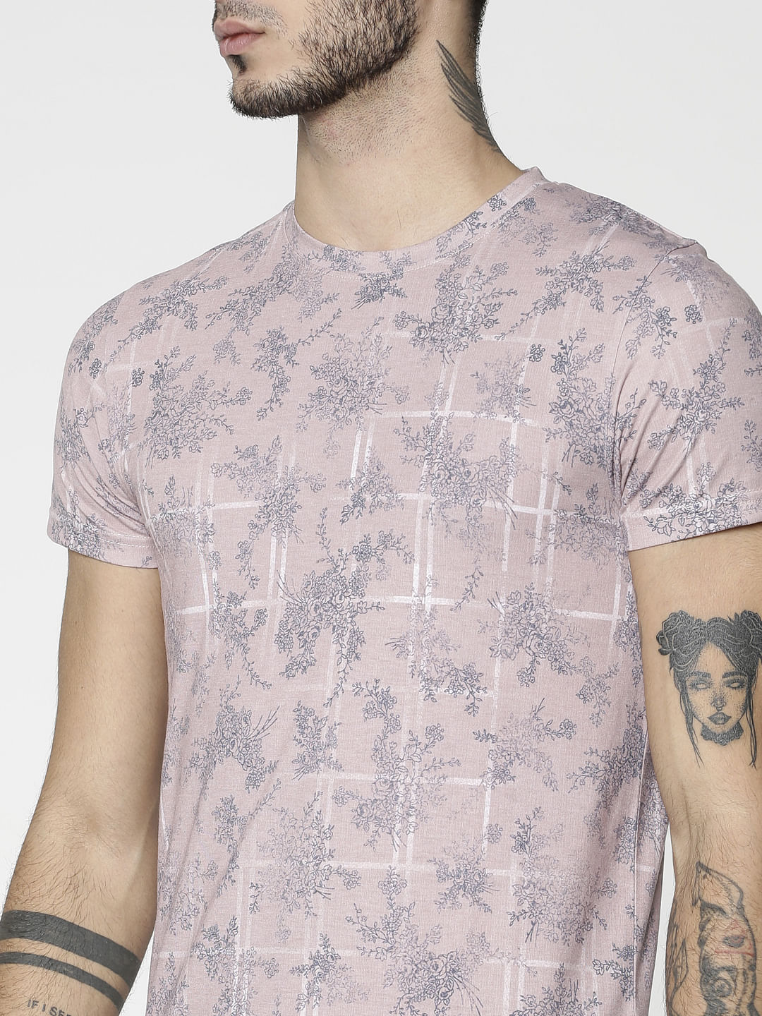 Pink All Over Floral Print Slim Fit Crew Neck T-Shirt