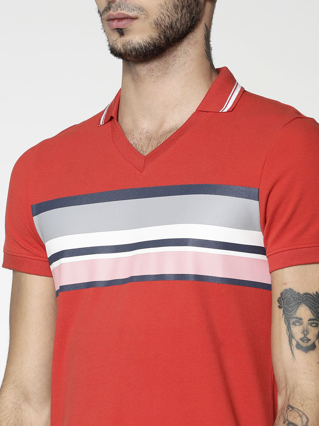 Red Colour Blocked Striped Slim Fit Polo Neck T-Shirt