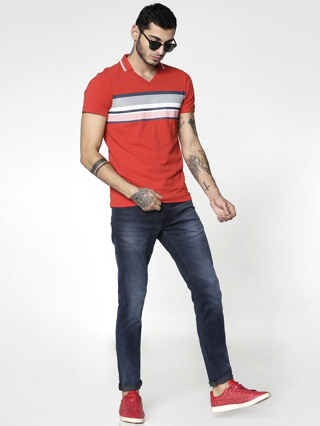 Red Colour Blocked Striped Slim Fit Polo Neck T-Shirt