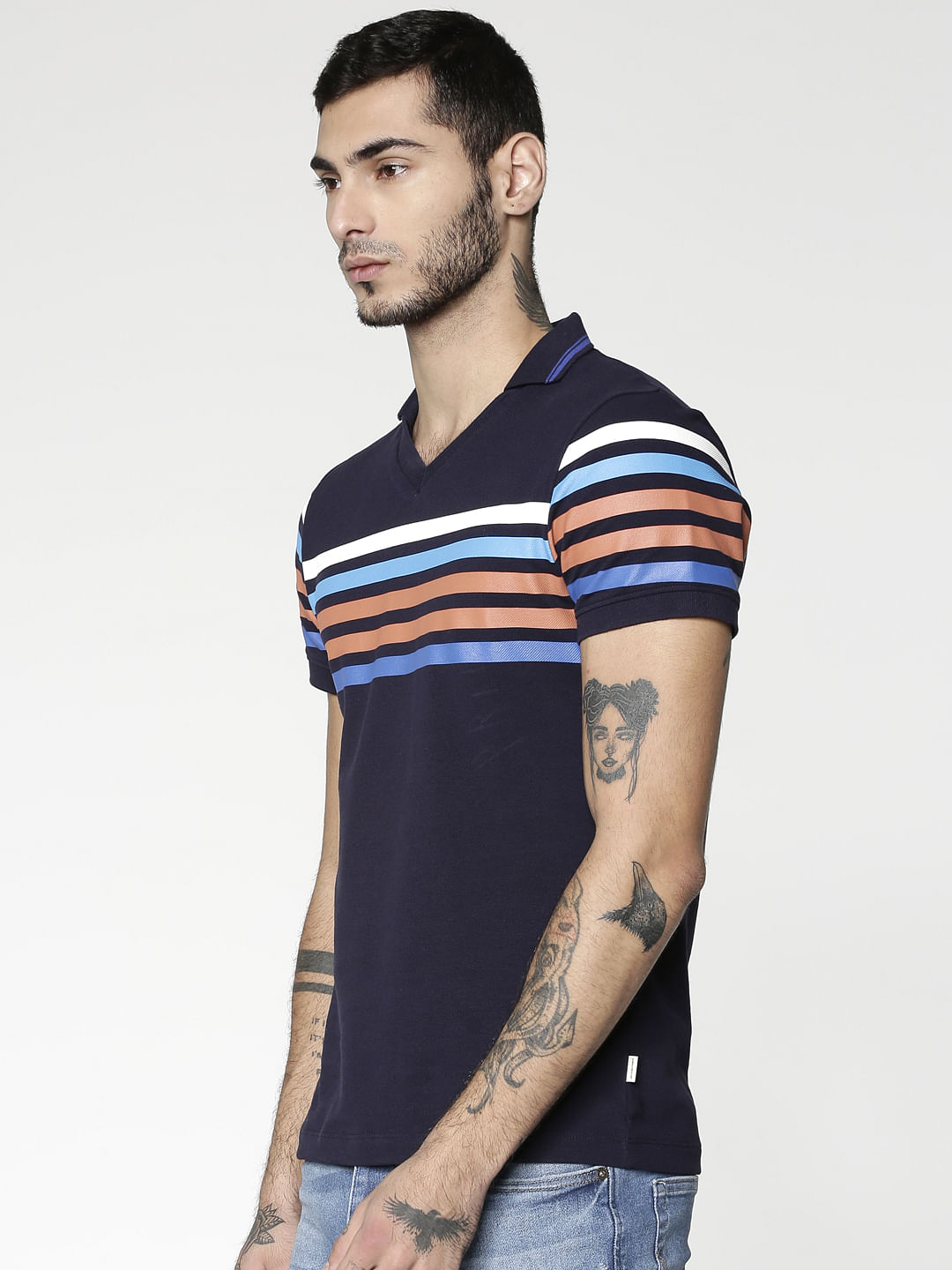 Blue Colour Blocked Striped Slim Fit Polo Neck T-Shirt