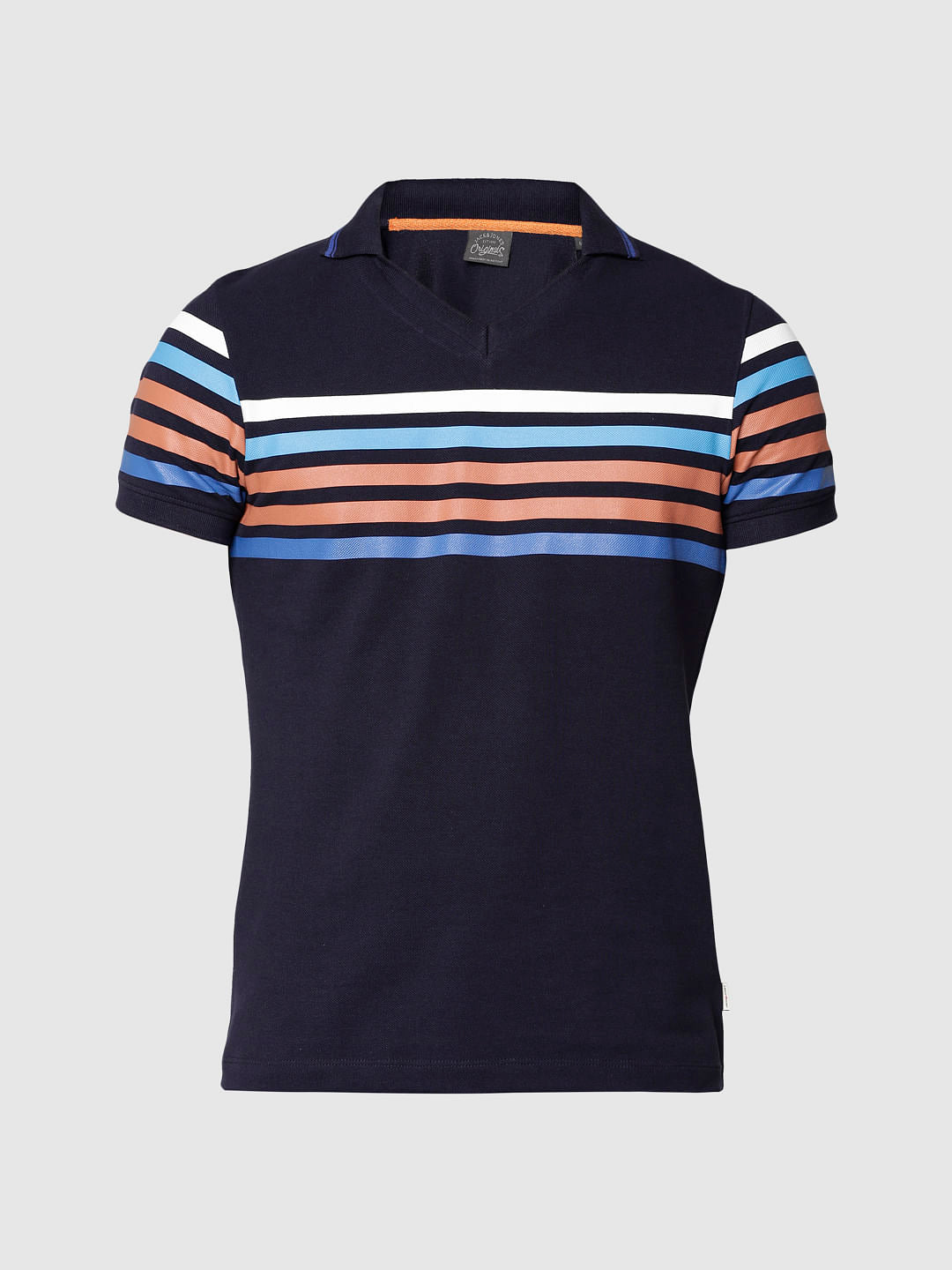 Blue Colour Blocked Striped Slim Fit Polo Neck T-Shirt