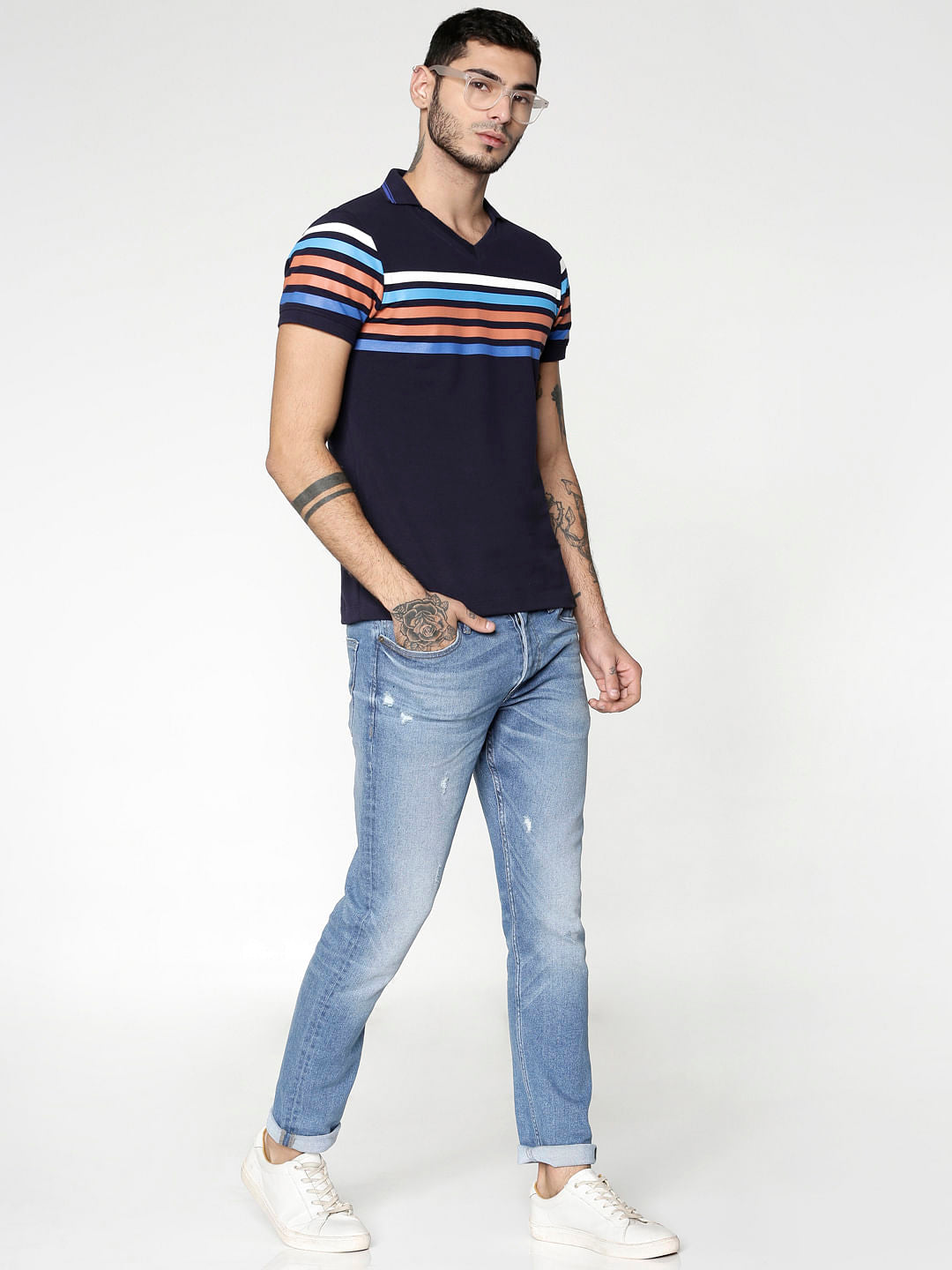 Blue Colour Blocked Striped Slim Fit Polo Neck T-Shirt