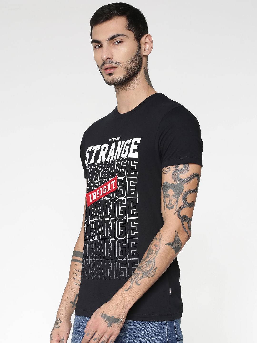Black Text Print Slim Fit Crew Neck T-Shirt