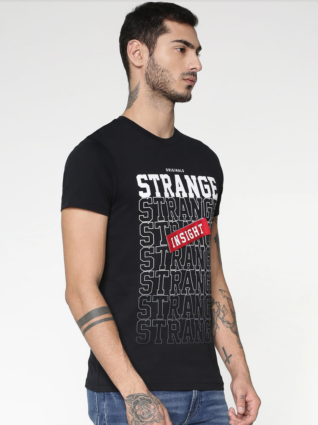 Black Text Print Slim Fit Crew Neck T-Shirt