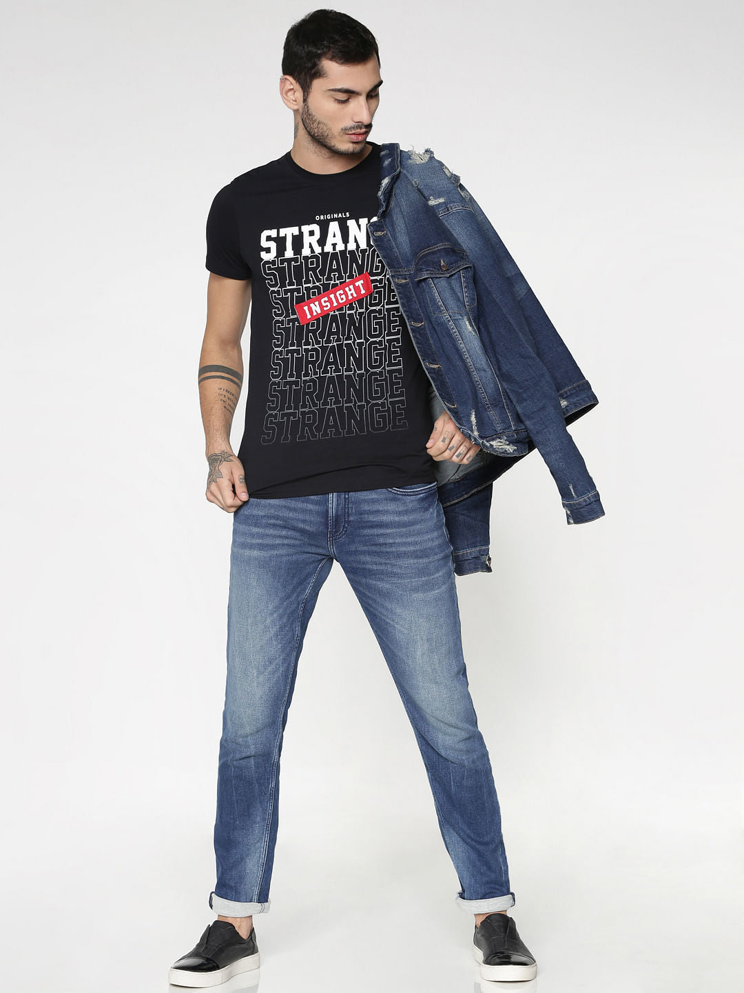 Black Text Print Slim Fit Crew Neck T-Shirt