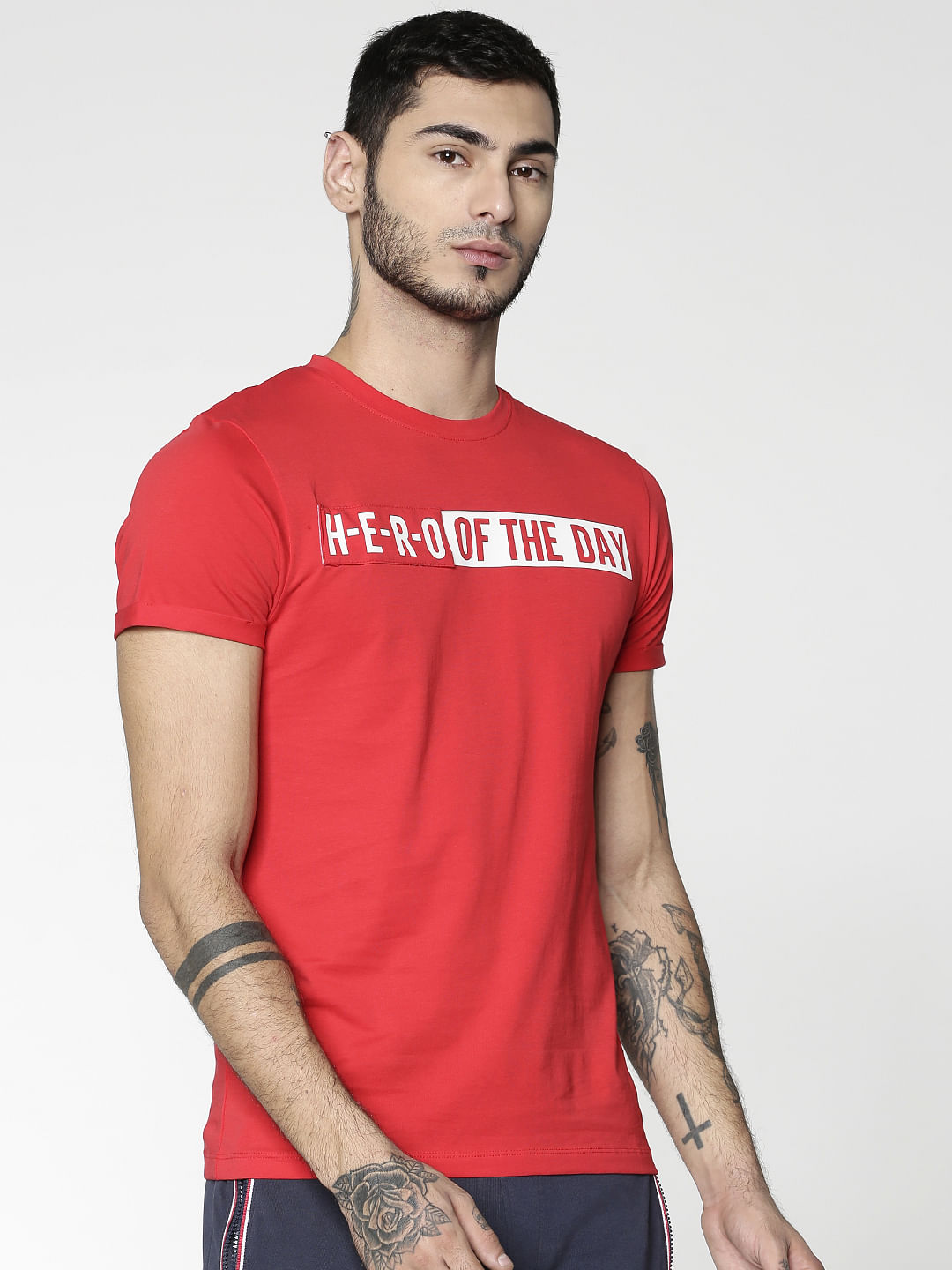 Red Text Print Slim Fit Crew Neck T-Shirt