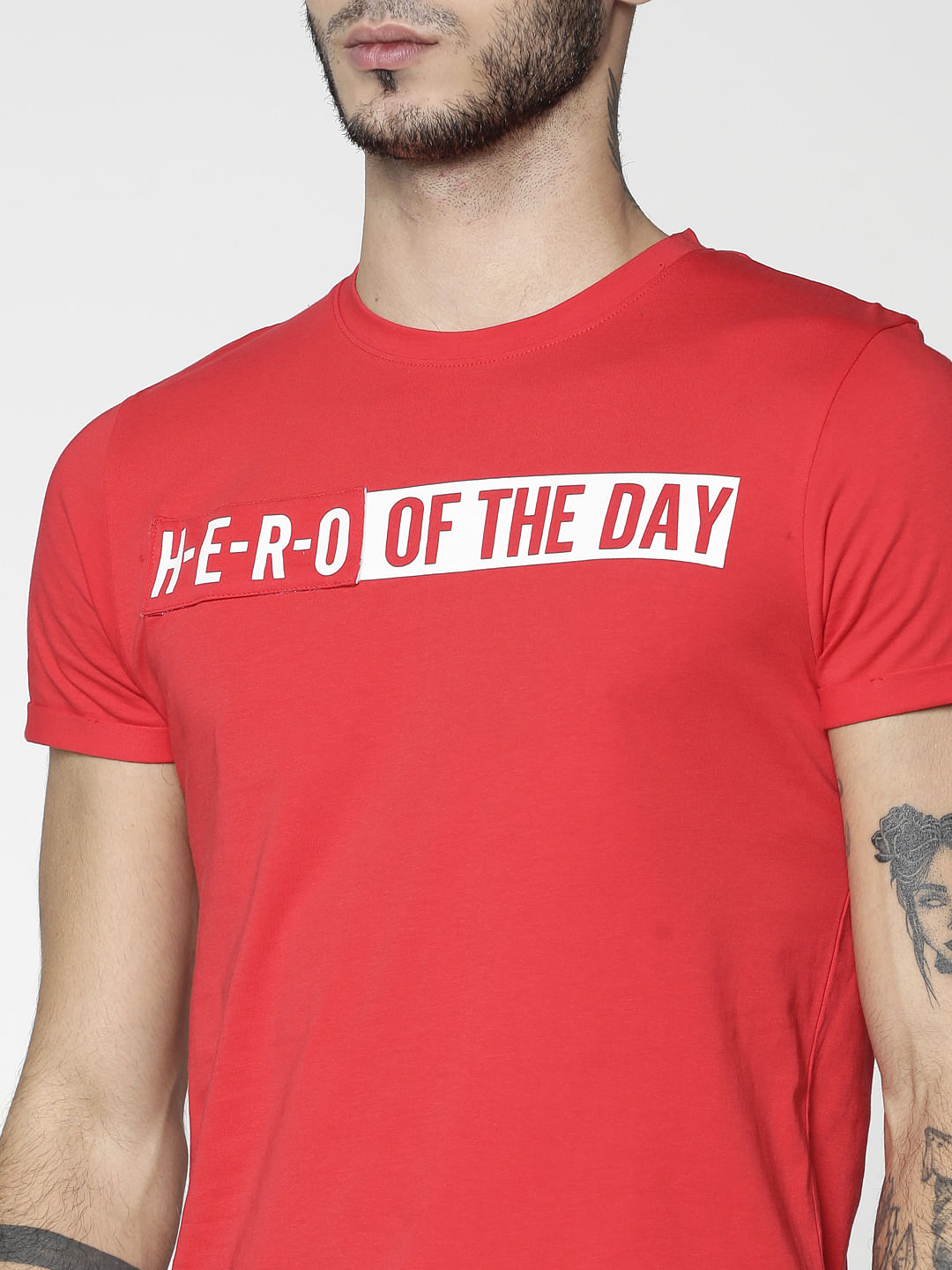 Red Text Print Slim Fit Crew Neck T-Shirt