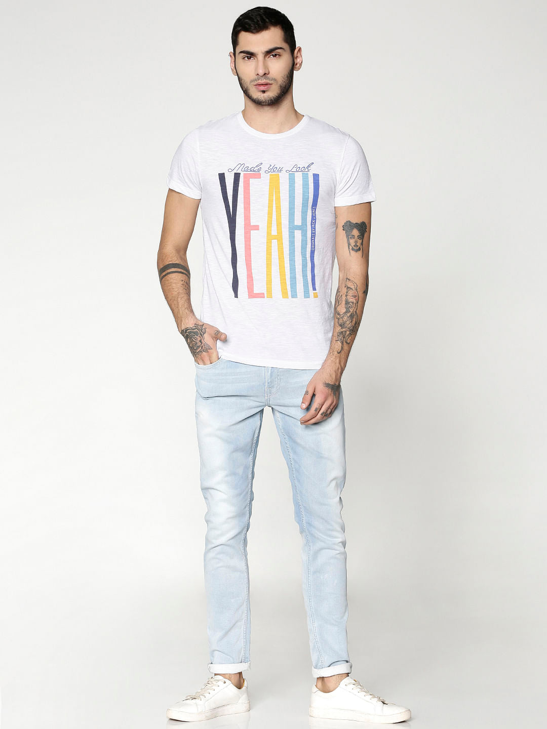 White Text Print Slim Fit Crew Neck T-Shirt