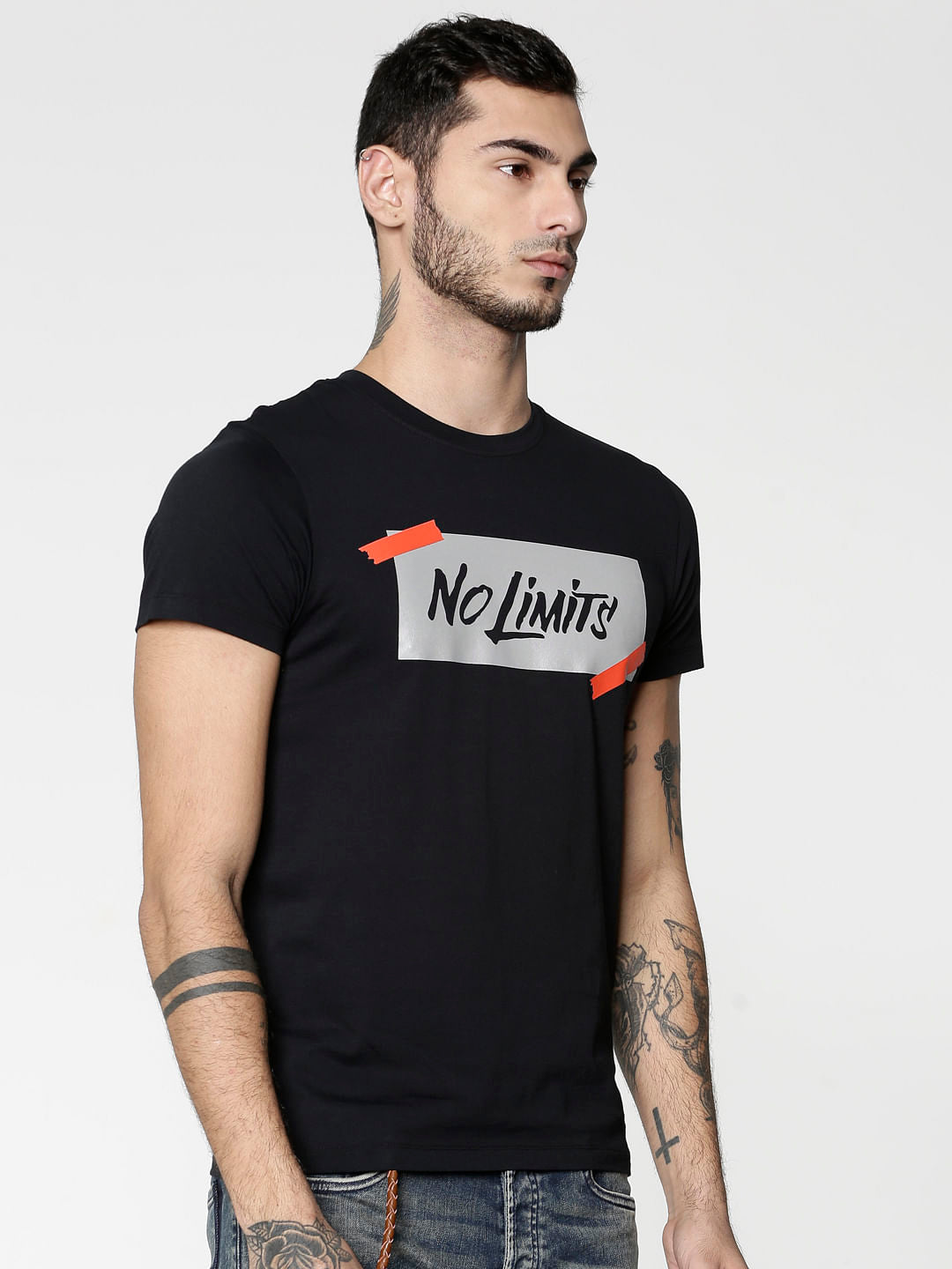 Black Text Print Slim Fit Crew Neck T-Shirt