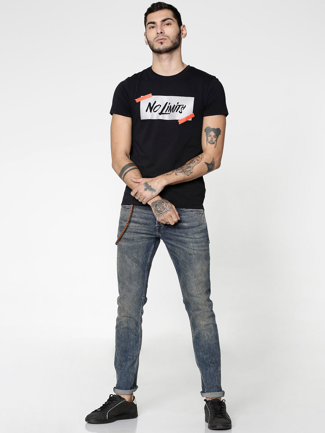 Black Text Print Slim Fit Crew Neck T-Shirt
