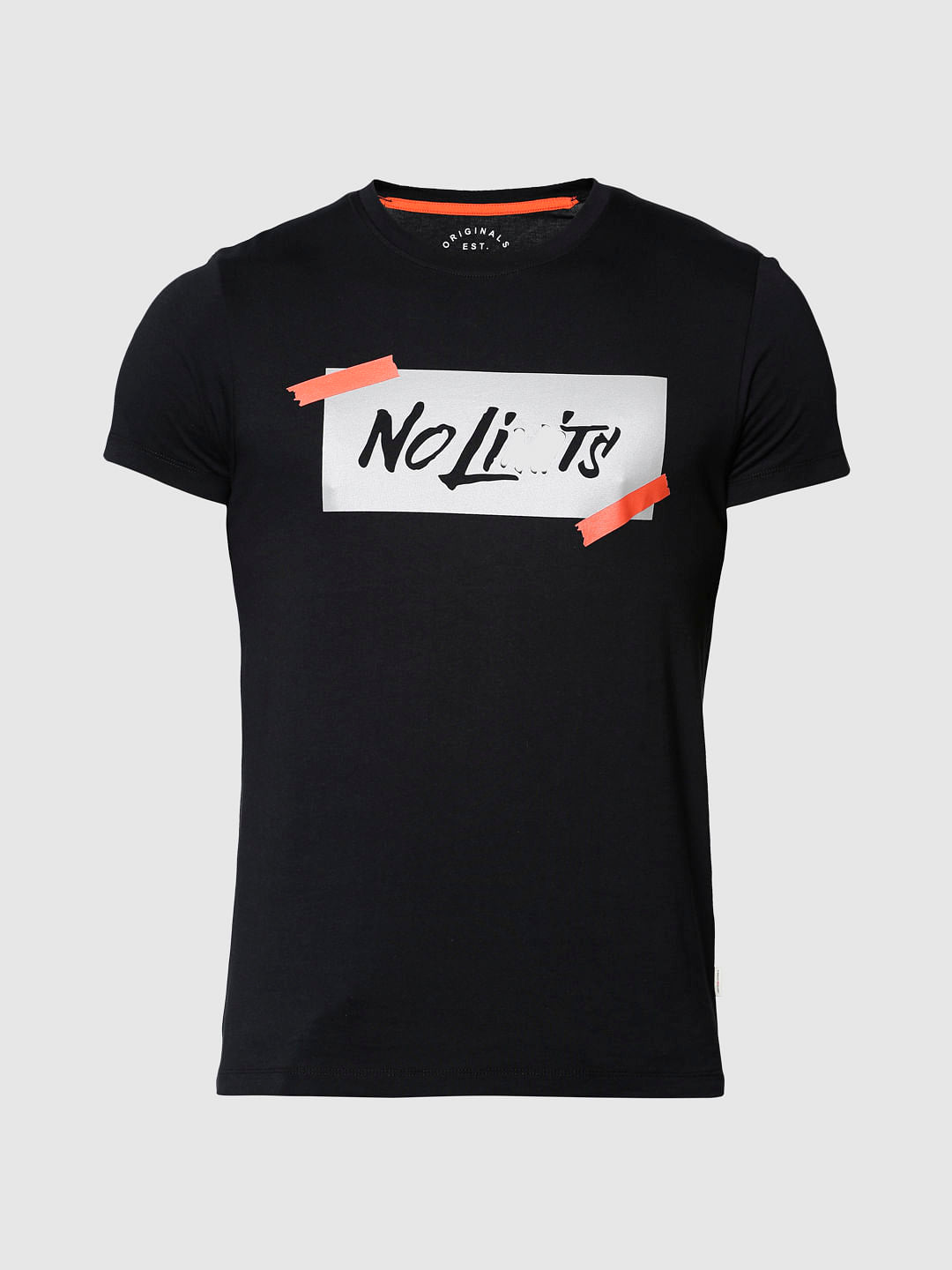 Black Text Print Slim Fit Crew Neck T-Shirt