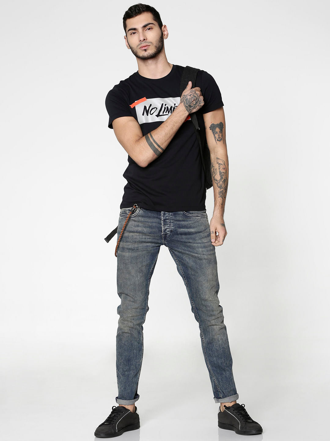Black Text Print Slim Fit Crew Neck T-Shirt