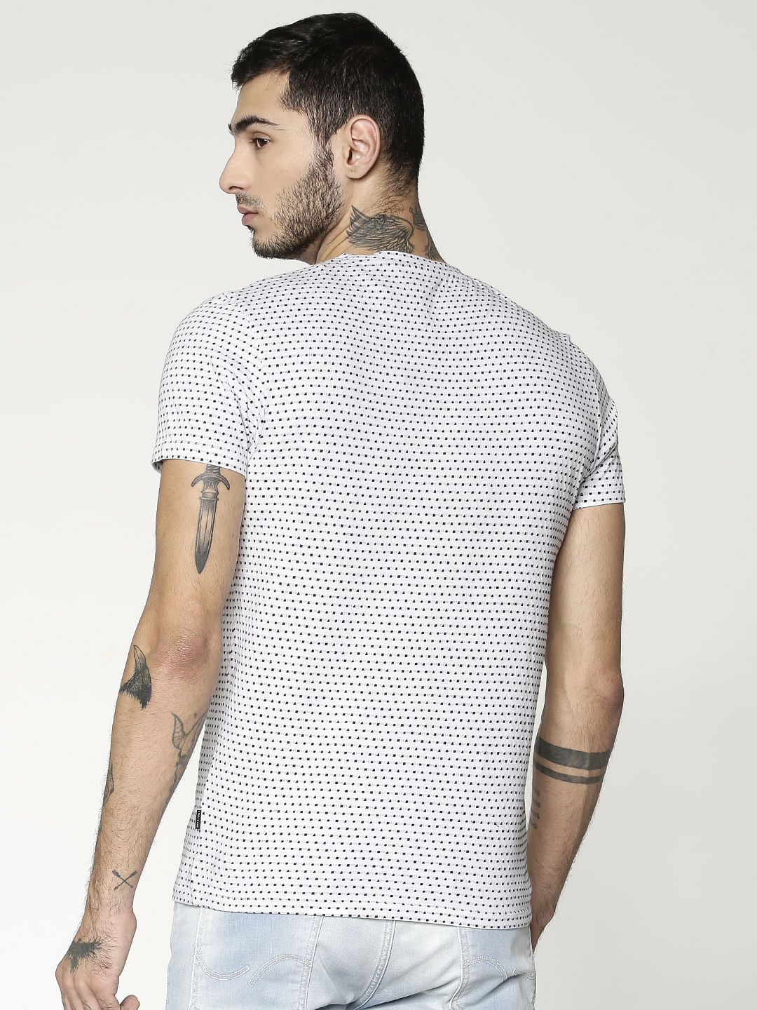 White All Over Dotted Print Slim Fit Crew Neck T-Shirt