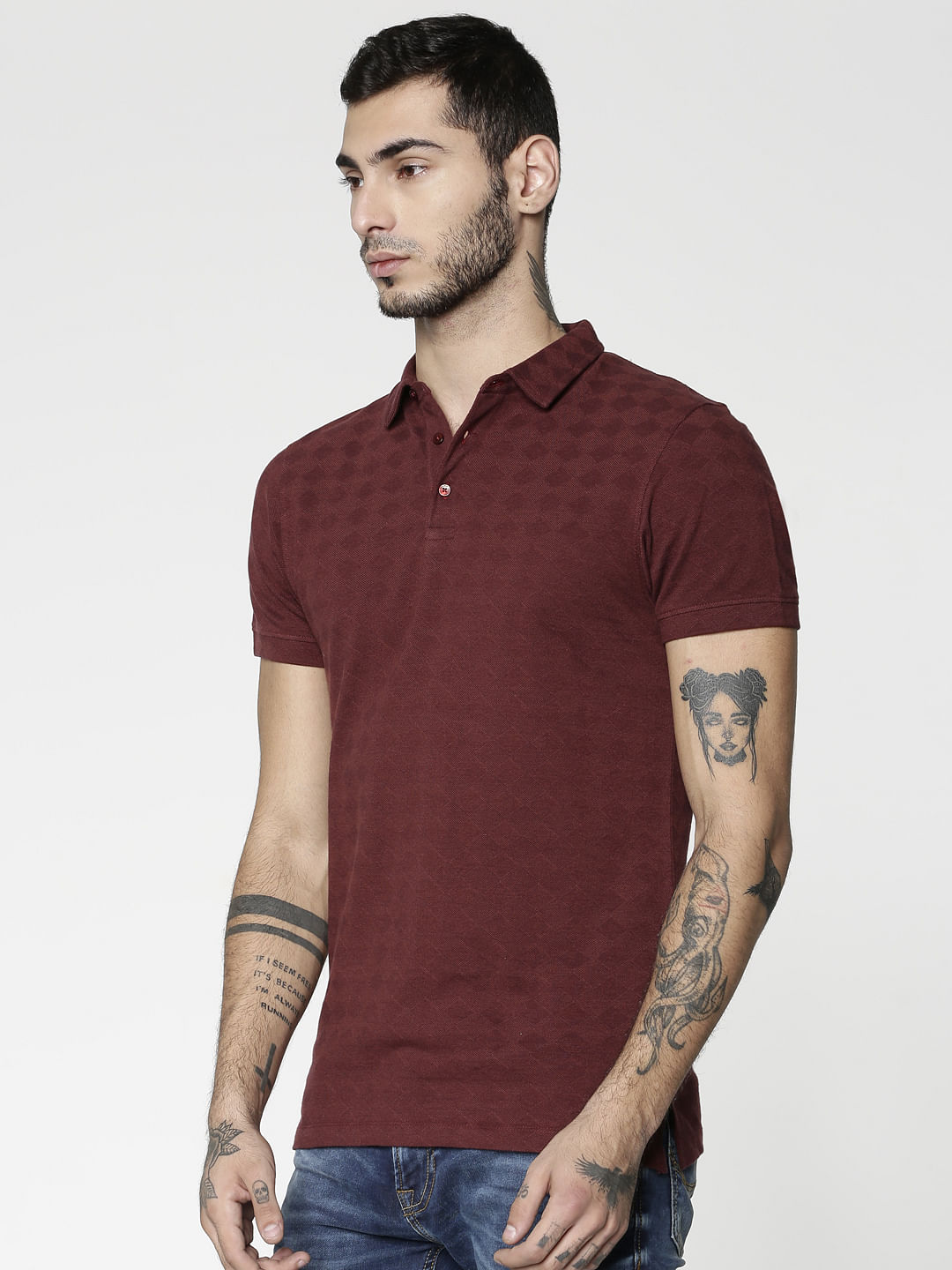Red All Over Geometric Shape Print Slim Fit Polo Neck T-Shirt