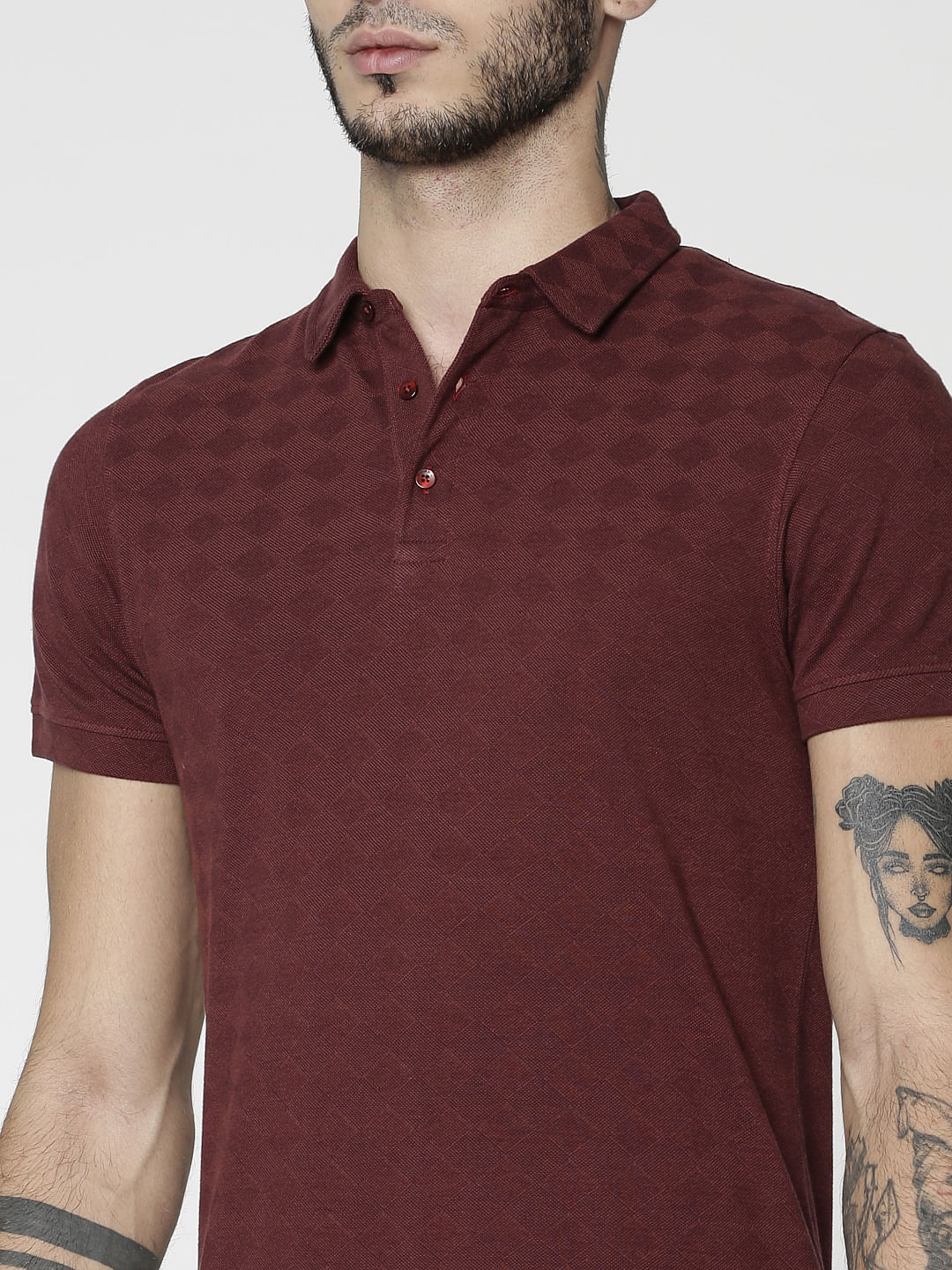 Red All Over Geometric Shape Print Slim Fit Polo Neck T-Shirt