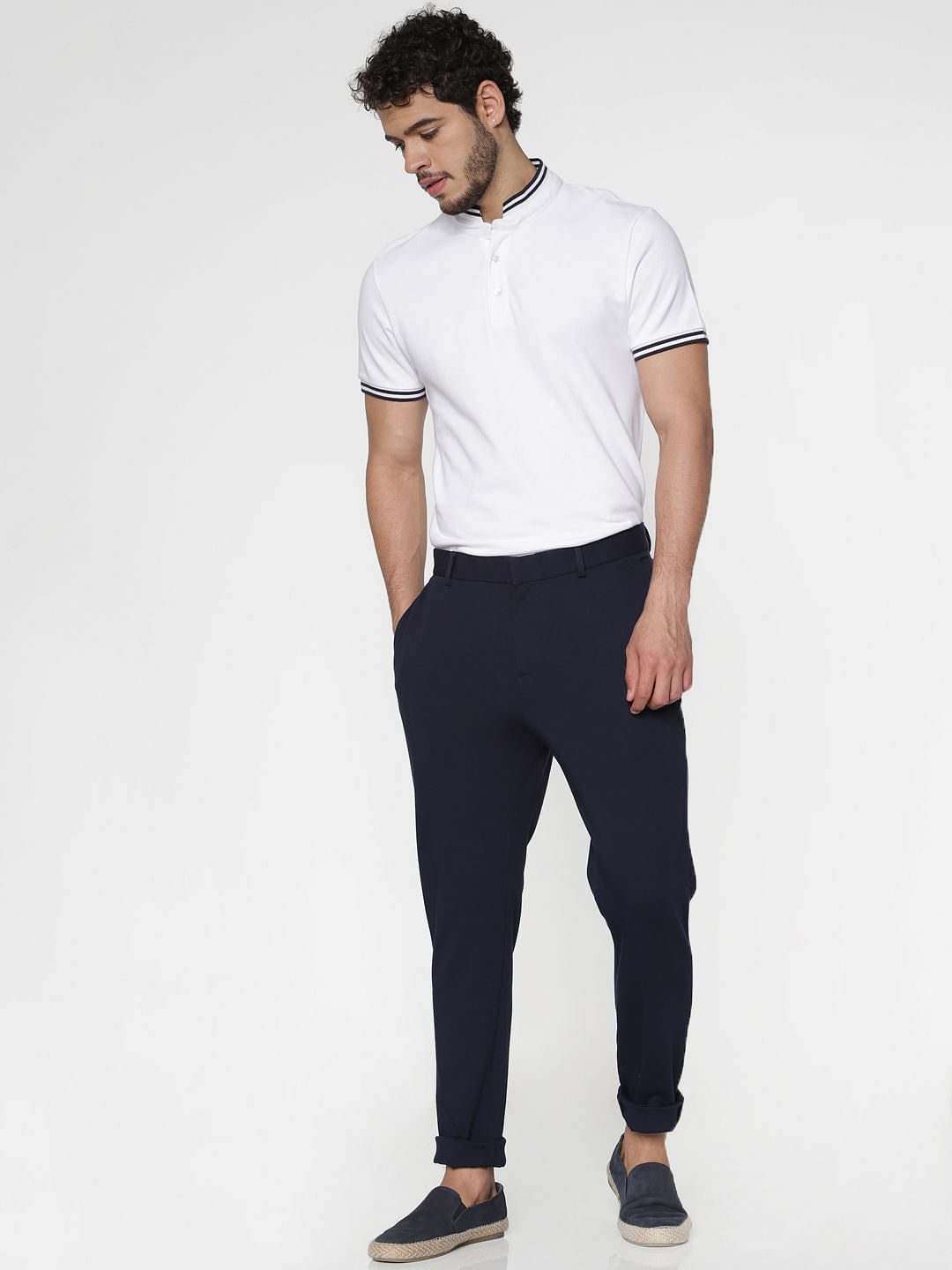 White Contrast Tipping Slim Fit Polo Neck T-Shirt