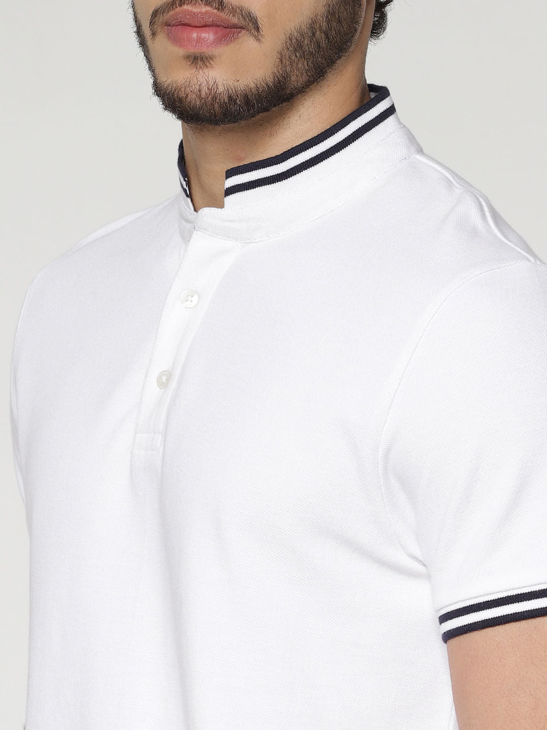 White Contrast Tipping Slim Fit Polo Neck T-Shirt