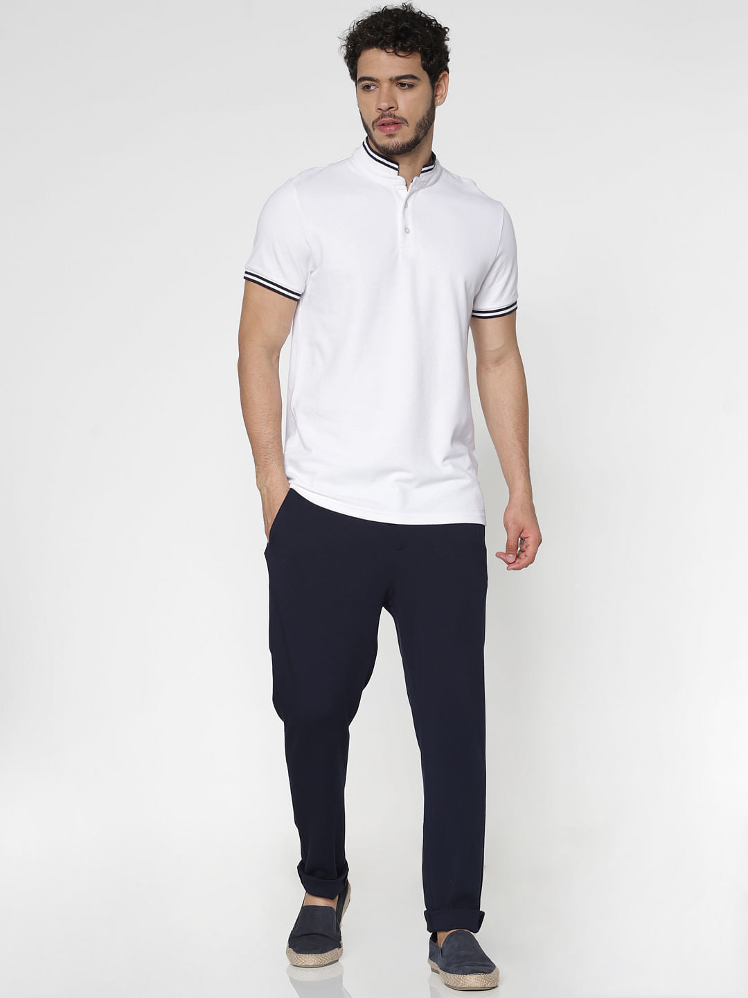 White Contrast Tipping Slim Fit Polo Neck T-Shirt