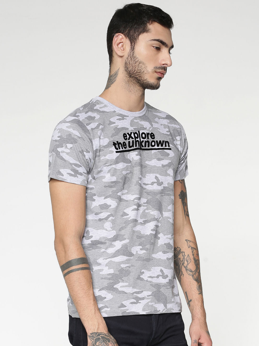 Grey All Over Camo Print Slim Fit Crew Neck T-Shirt