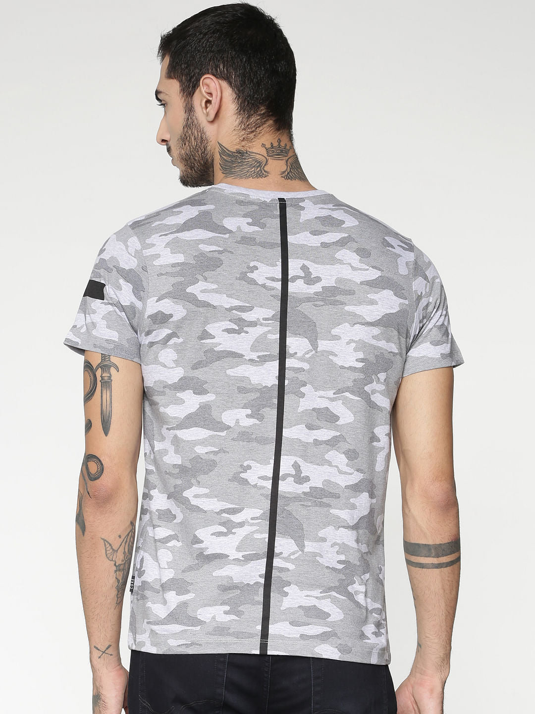 Grey All Over Camo Print Slim Fit Crew Neck T-Shirt