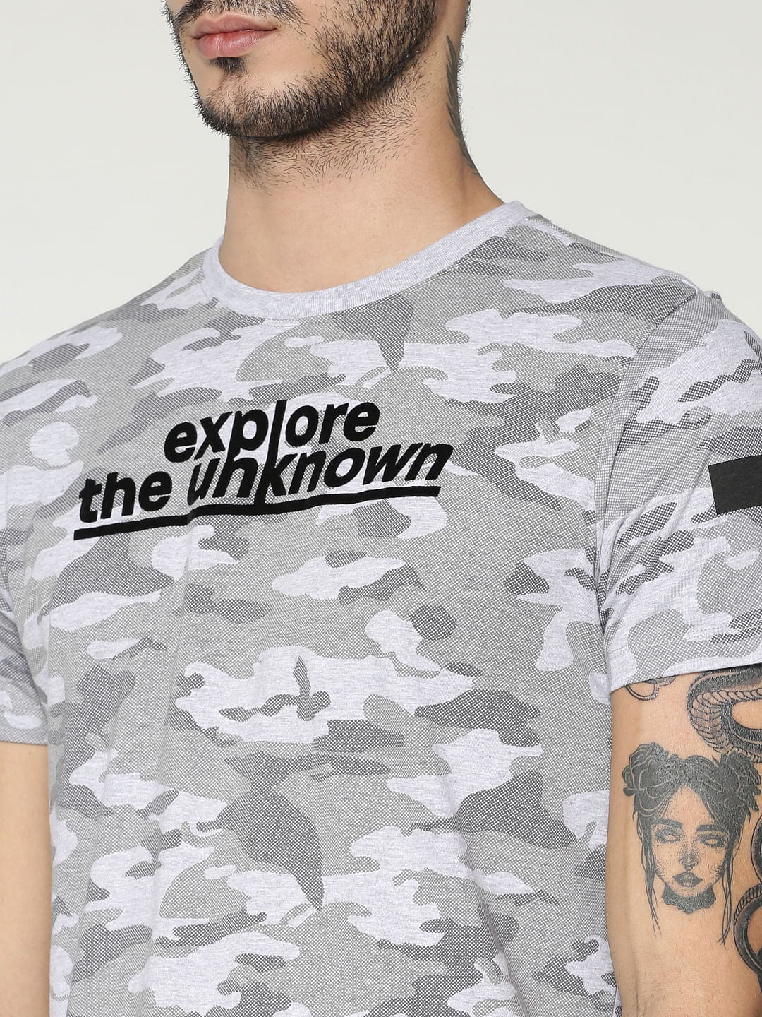 Grey All Over Camo Print Slim Fit Crew Neck T-Shirt