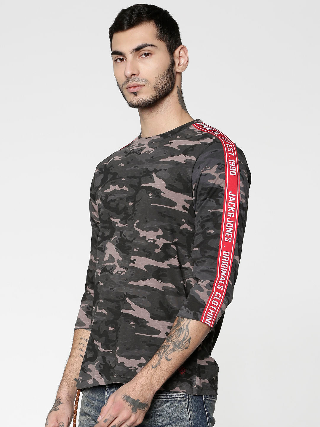 Grey Camo Print Side Tape Crew Neck T-Shirt