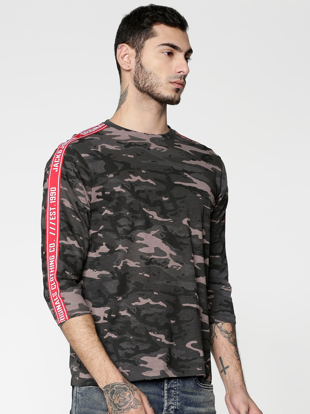 Grey Camo Print Side Tape Crew Neck T-Shirt
