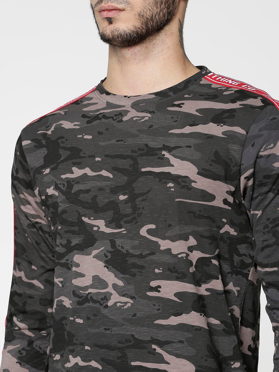 Grey Camo Print Side Tape Crew Neck T-Shirt