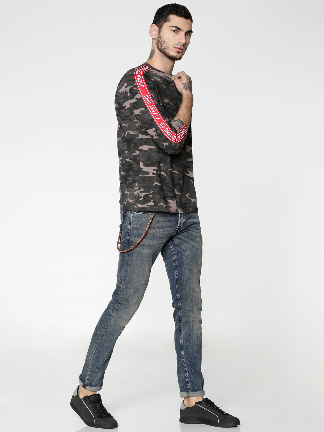 Grey Camo Print Side Tape Crew Neck T-Shirt