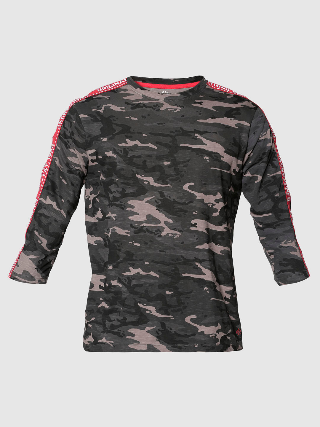 Grey Camo Print Side Tape Crew Neck T-Shirt