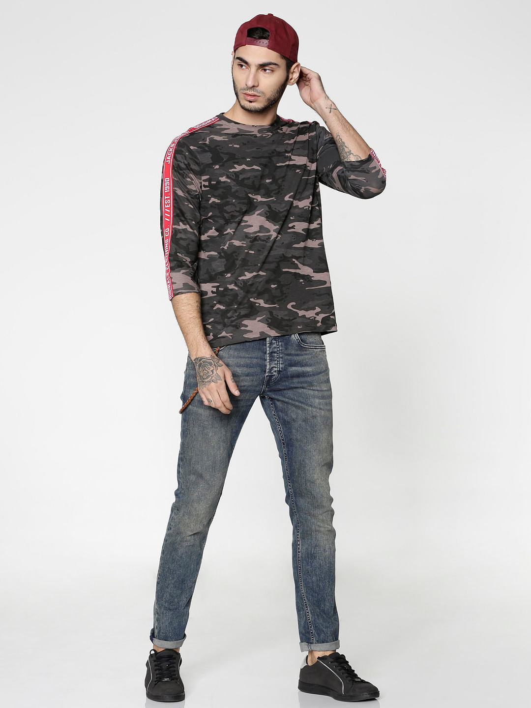 Grey Camo Print Side Tape Crew Neck T-Shirt