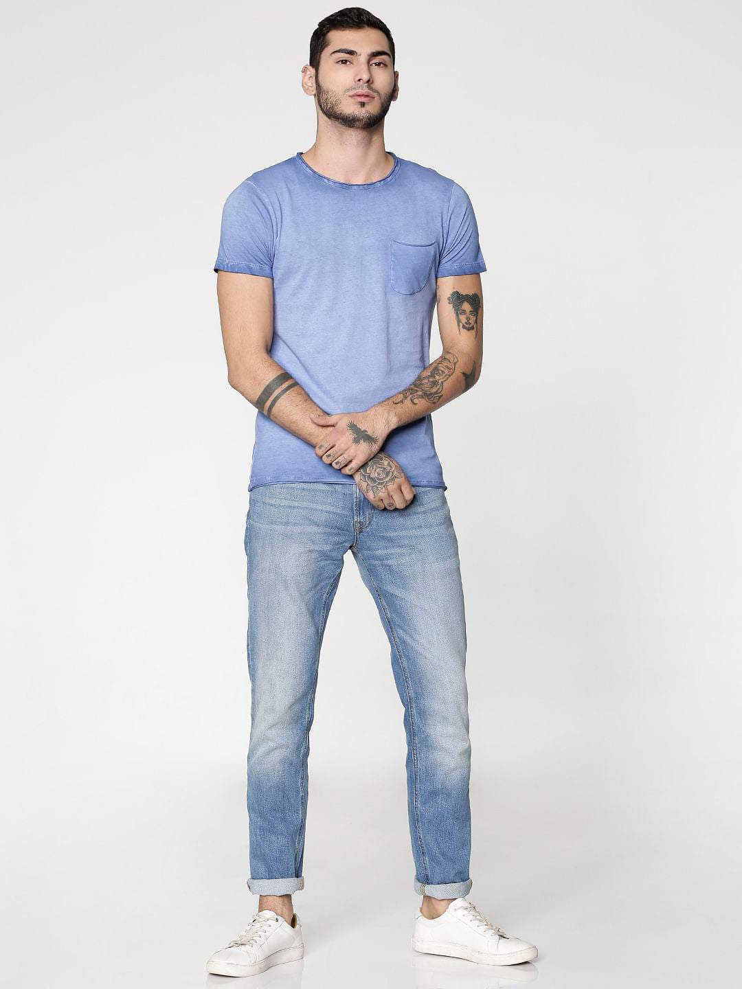 Blue Washed Slim Fit Crew Neck T-Shirt