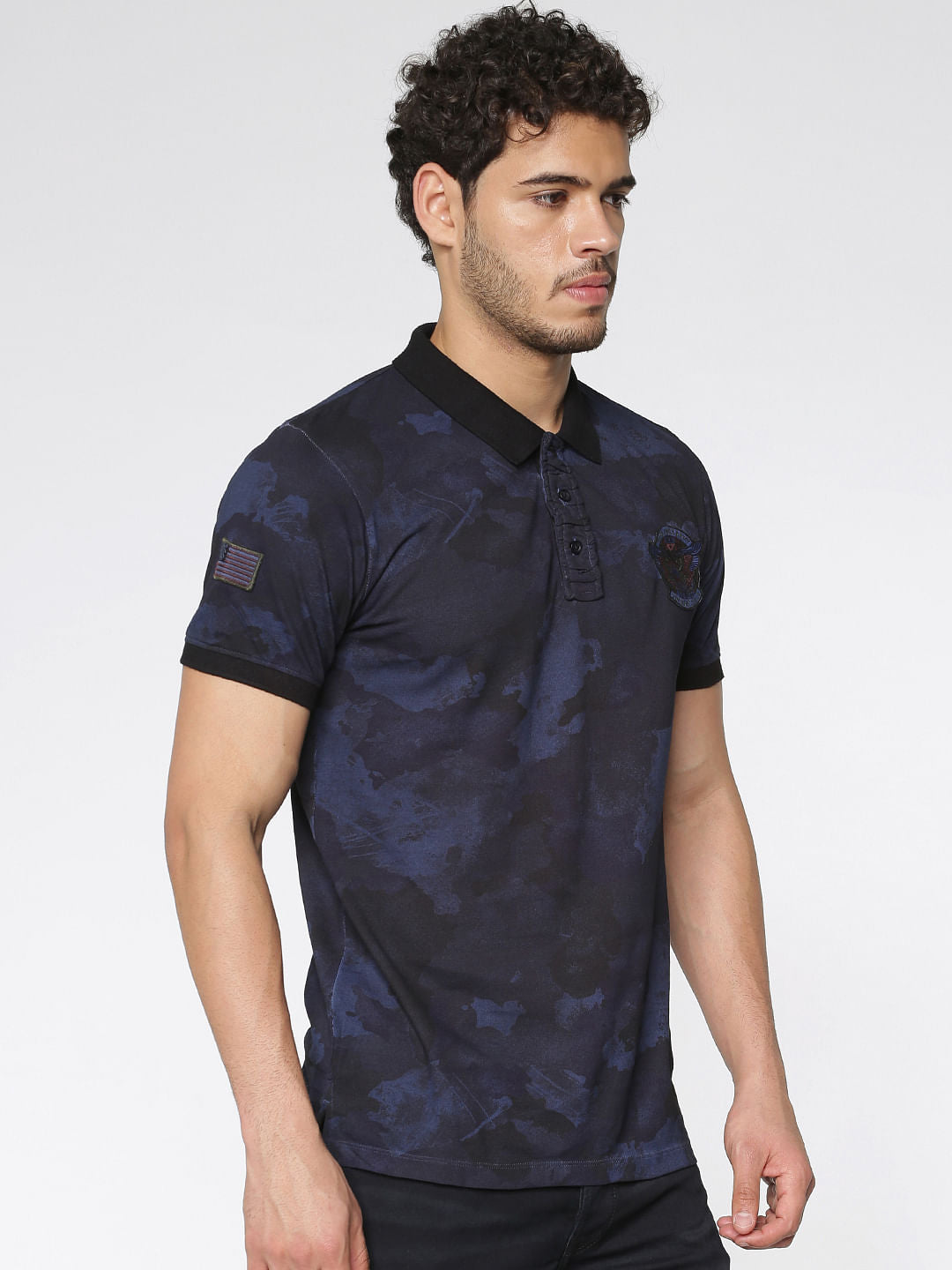 Blue Camo Washed Print Slim Fit Polo Neck T-Shirt