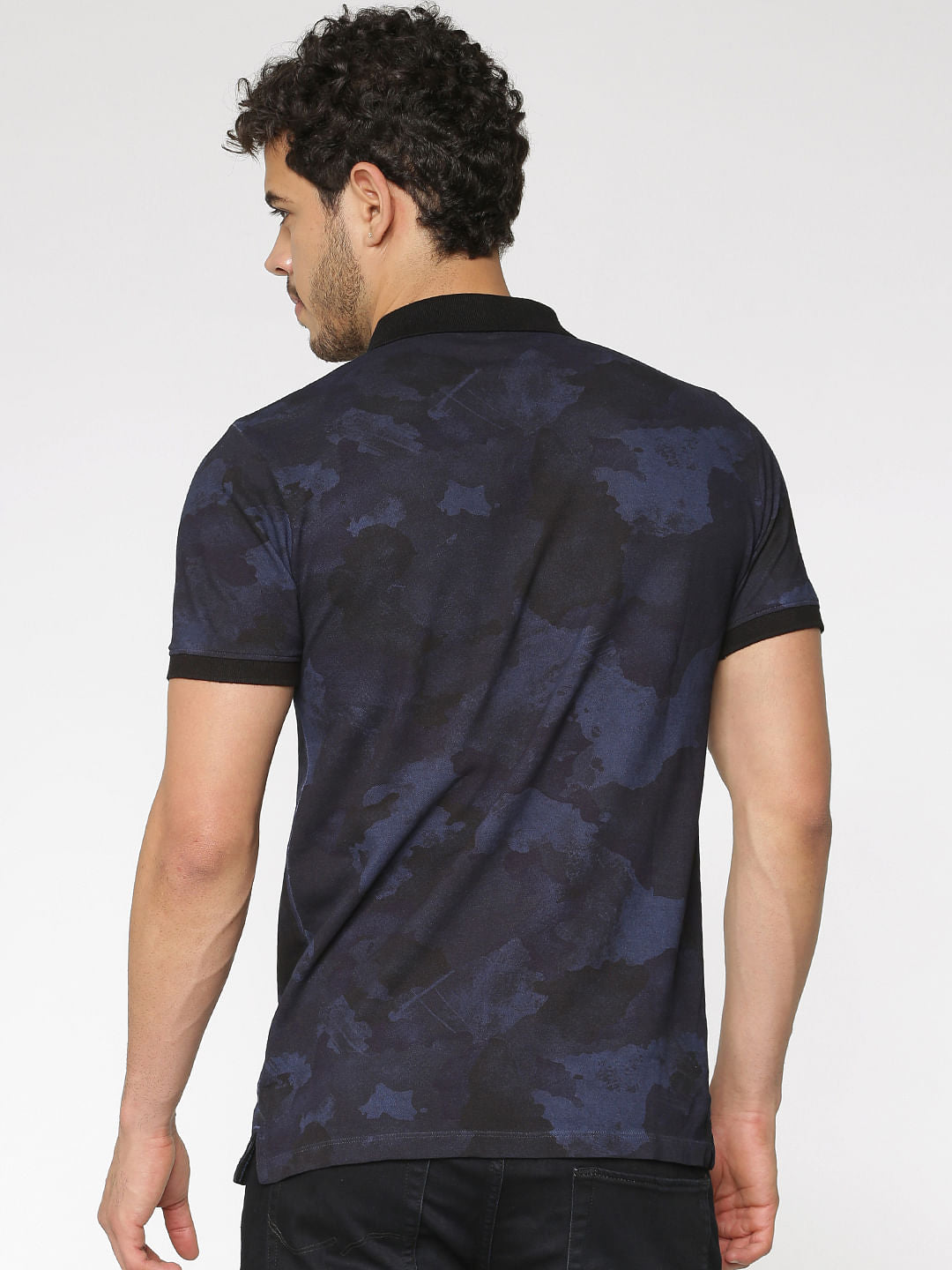 Blue Camo Washed Print Slim Fit Polo Neck T-Shirt