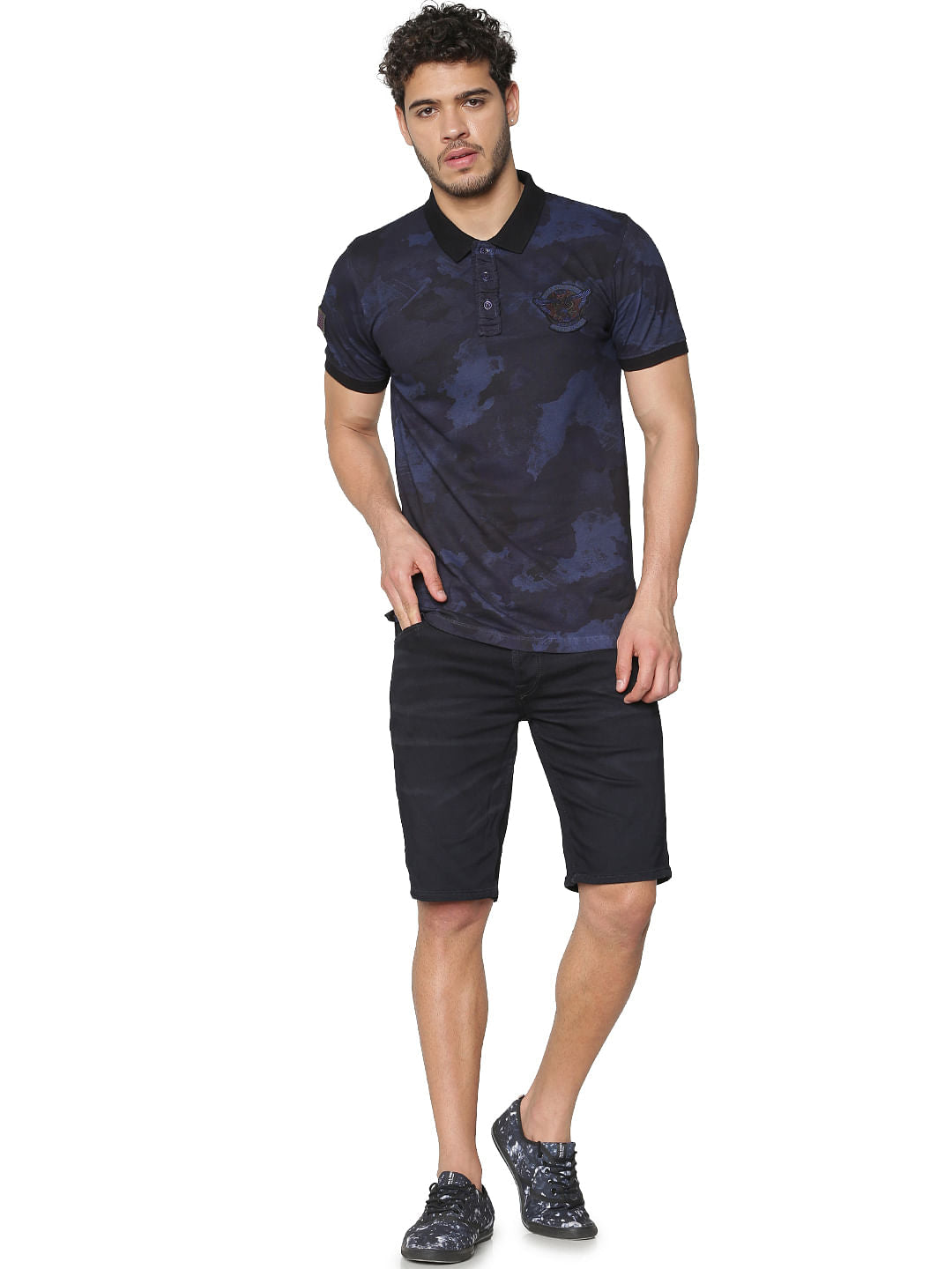 Blue Camo Washed Print Slim Fit Polo Neck T-Shirt