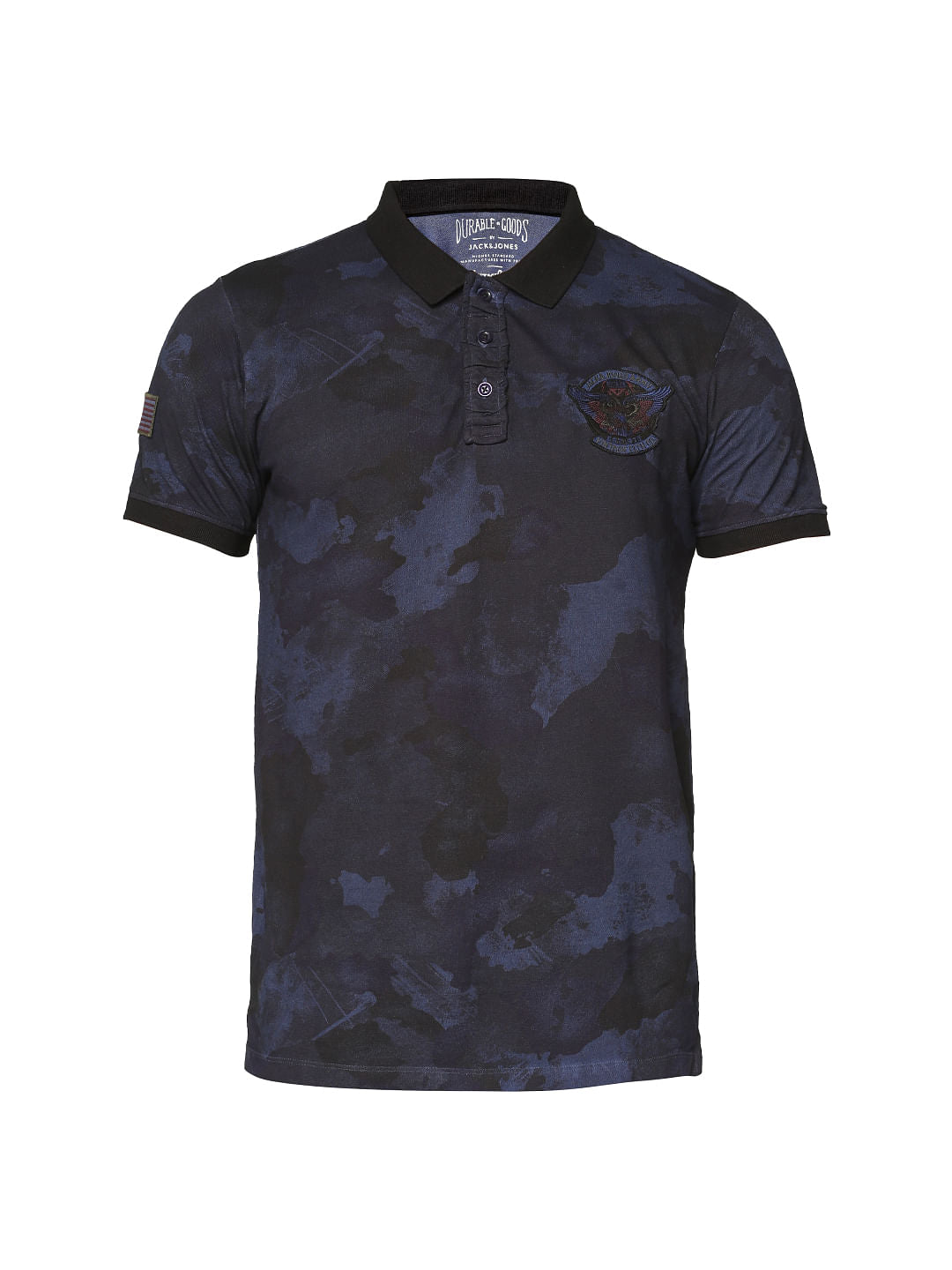Blue Camo Washed Print Slim Fit Polo Neck T-Shirt