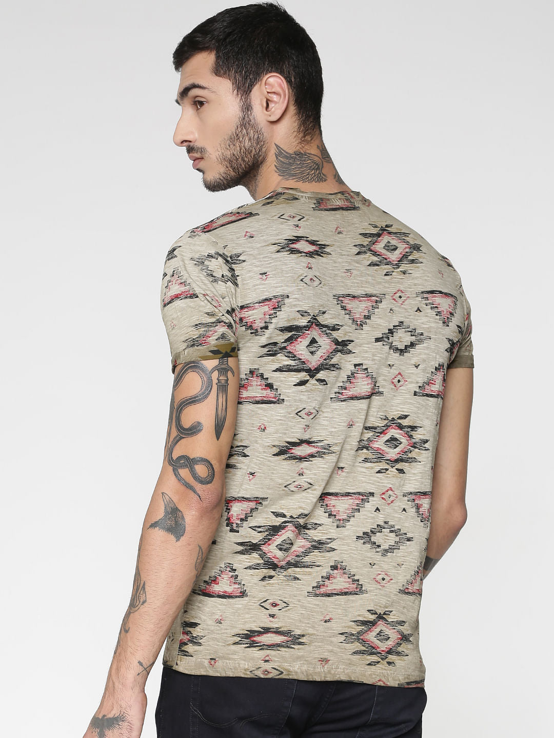 Brown All Over Print Slim Fit Crew Neck T-Shirt