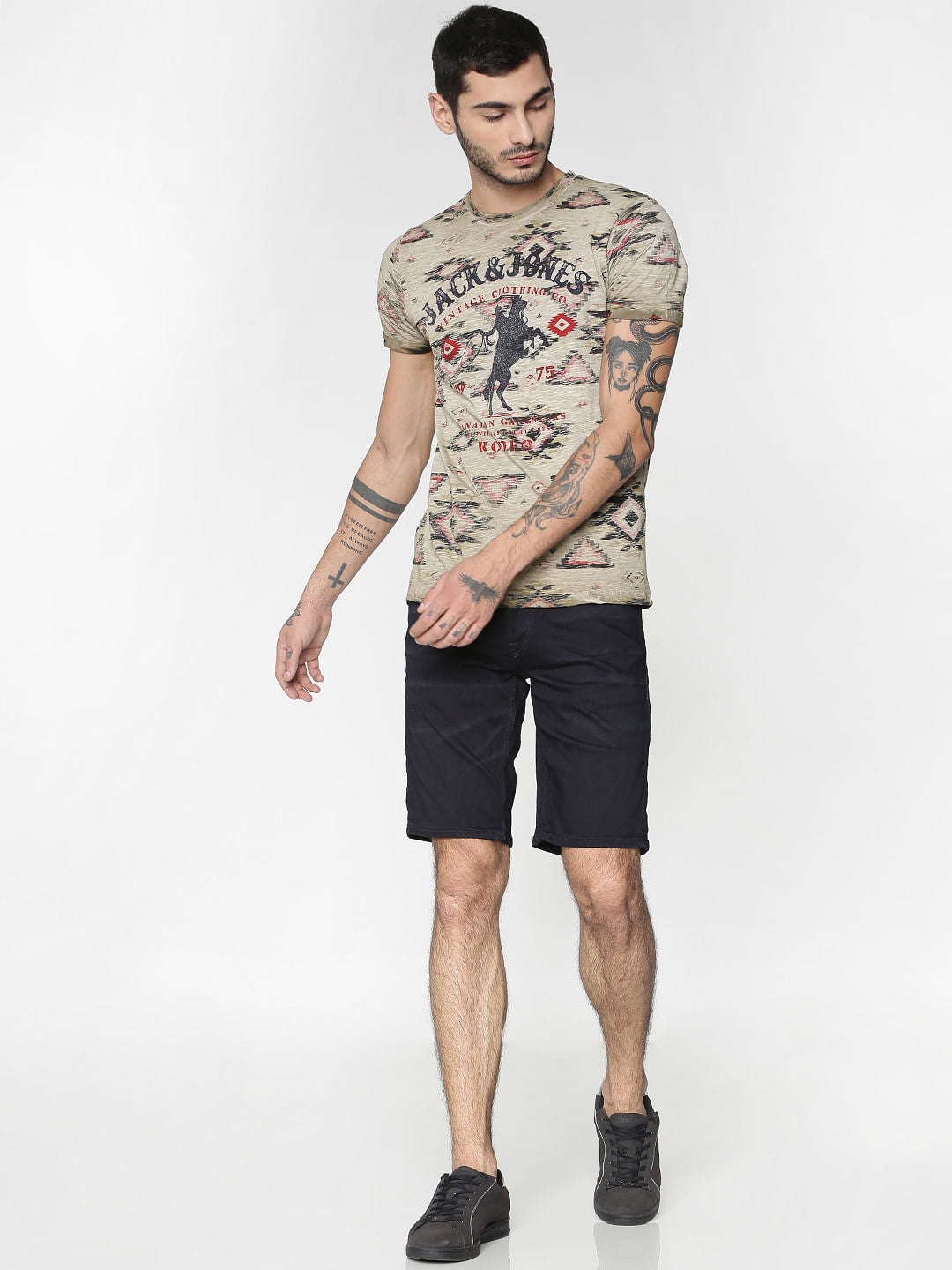 Brown All Over Print Slim Fit Crew Neck T-Shirt