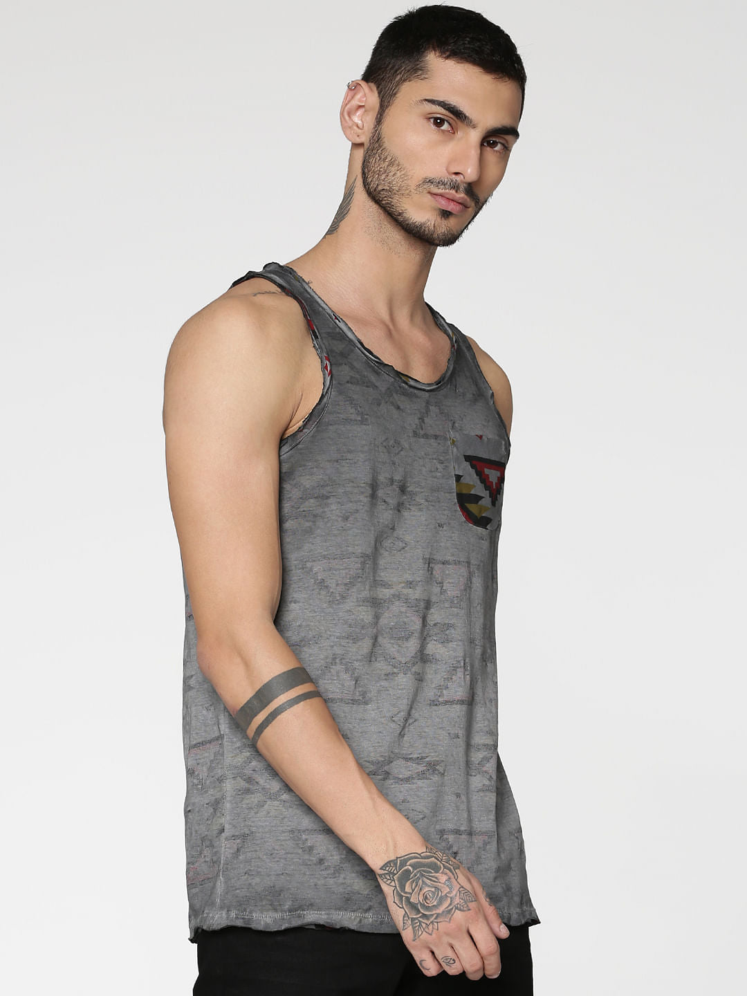 Black Dyed Graphic Print Slim Fit Tank Top