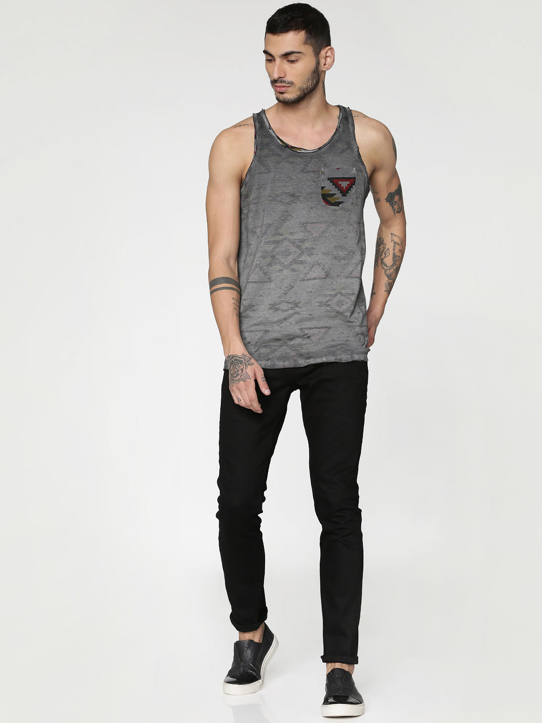 Black Dyed Graphic Print Slim Fit Tank Top