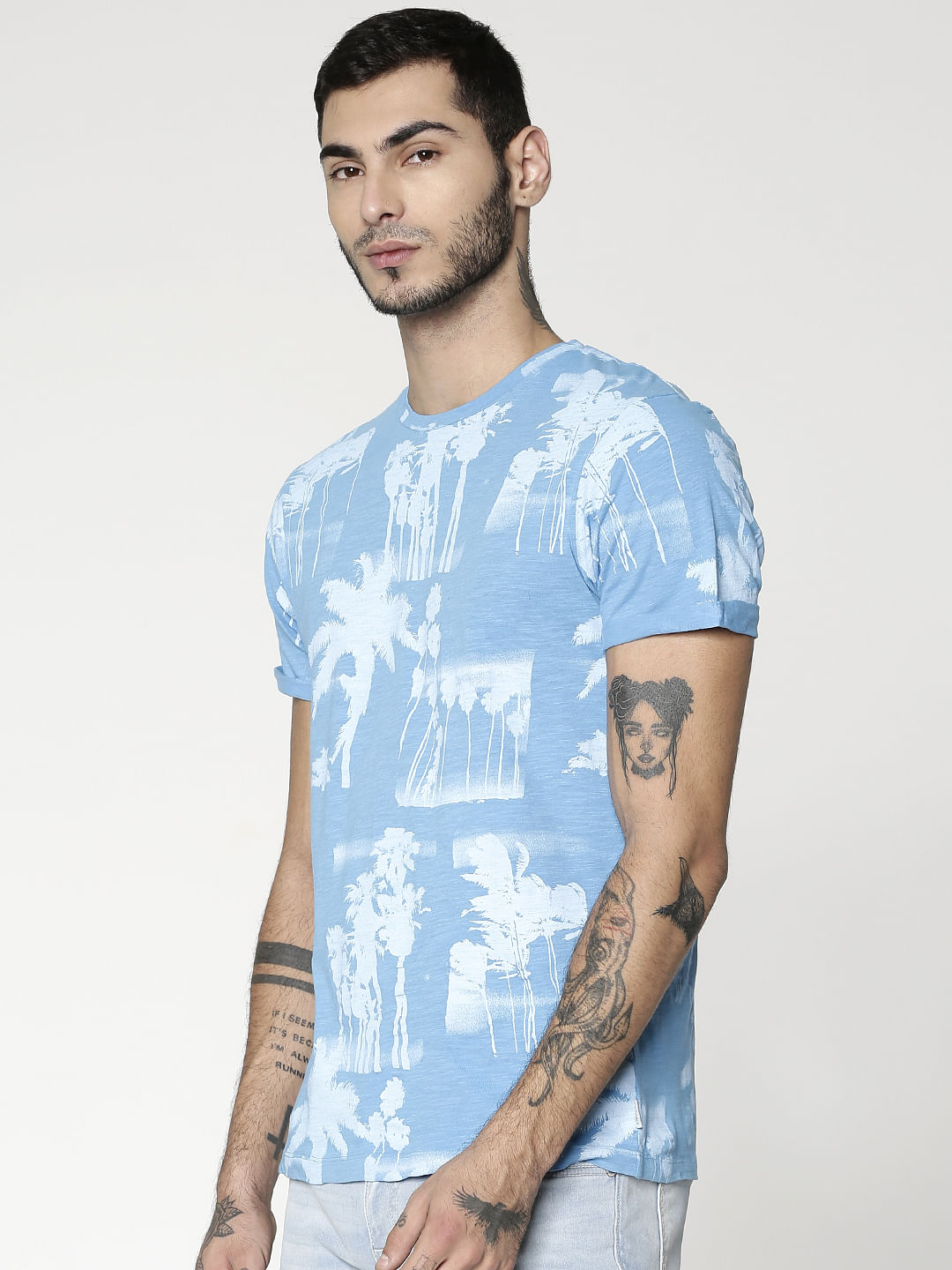Blue All Over Print Crew Neck T-Shirt
