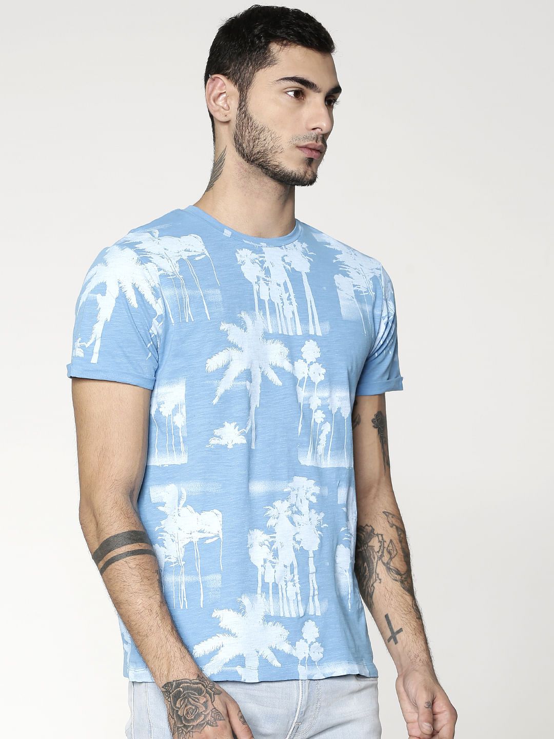 Blue All Over Print Crew Neck T-Shirt
