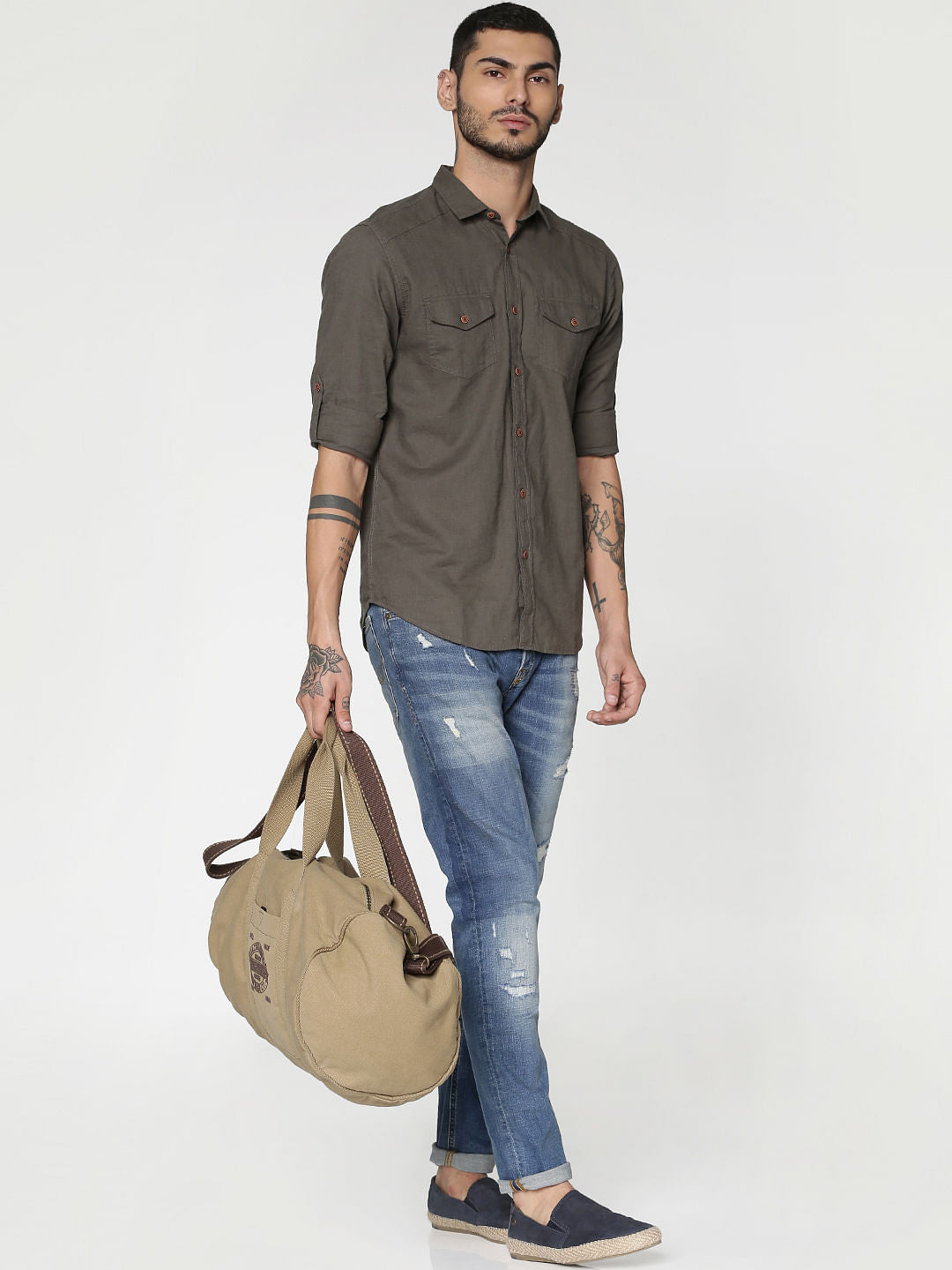 Green Washed Effect Slim Fit Full Sleeves Shirt