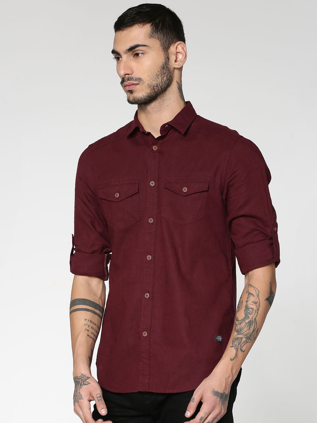 Red Front Patch Pockets Slim Fit Full Sleeves Shirt