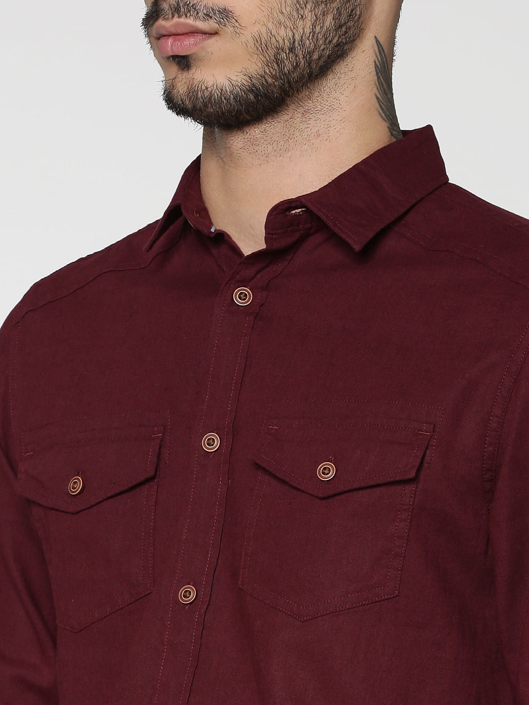 Red Front Patch Pockets Slim Fit Full Sleeves Shirt
