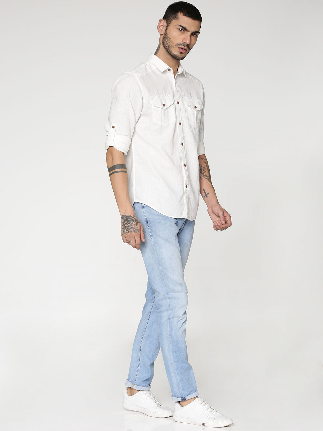 White Front Patch Pockets Slim Fit Full Sleeves Shirt