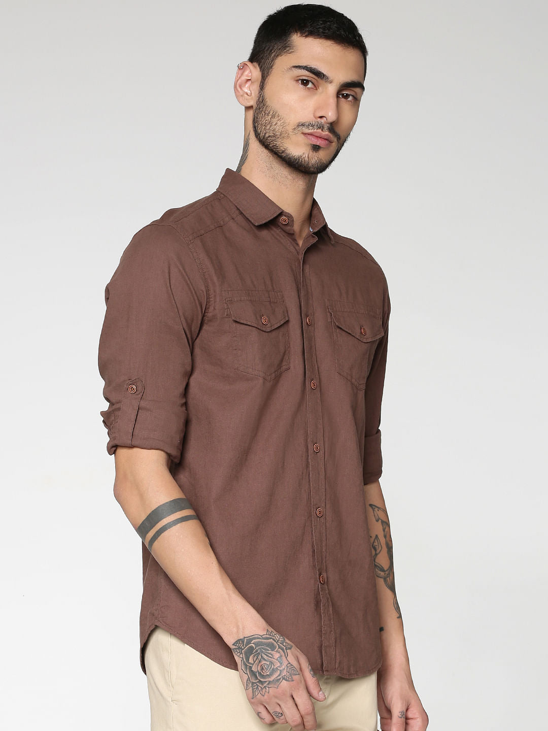Brown Front Patch Pockets Slim Fit Full Sleeves Shirt