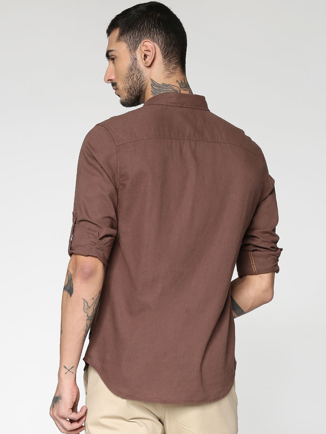 Brown Front Patch Pockets Slim Fit Full Sleeves Shirt